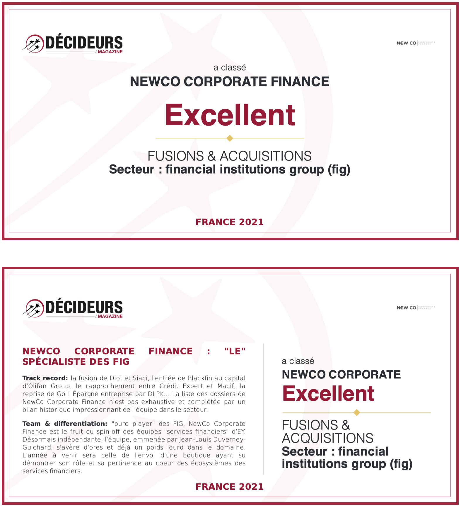 One year after its inception, NewCo Corporate Finance is ranked Excellent in the Leaders League ranking