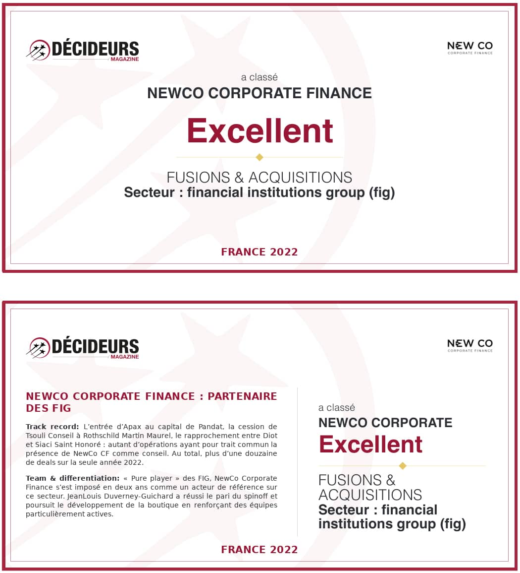 Two years after its inception, NewCo Corporate Finance is again ranked “Excellent” in the Leaders League ranking