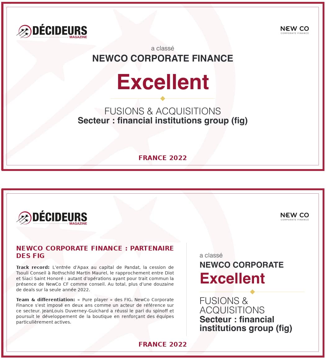 Pour sa deuxième année d’existence, NewCo Corporate Finance est à nouveau classée « Excellent » dans le classement Leaders League