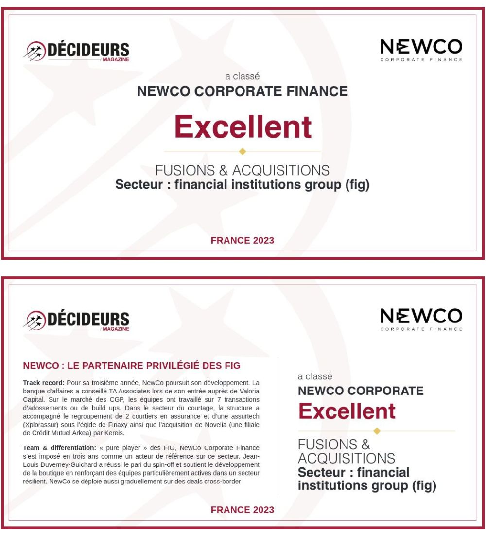 In 2023, NewCo Corporate Finance is once again ranked “Excellent” top tier in the Leaders League rankings.