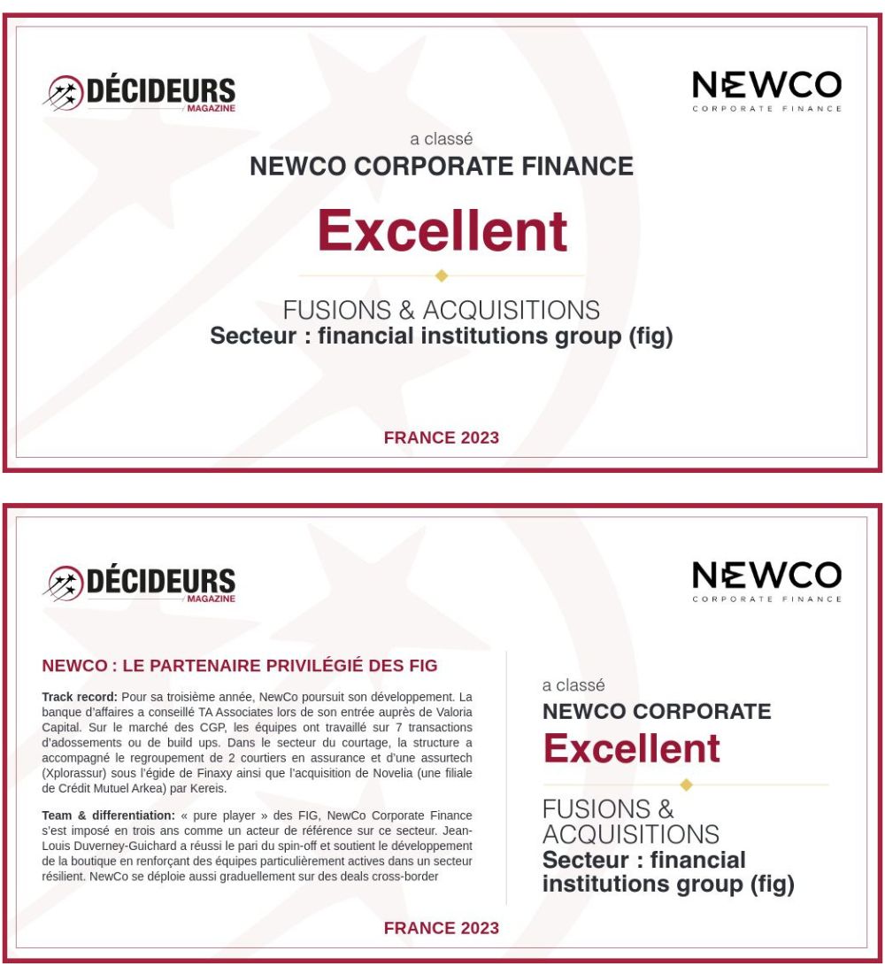 En 2023, NewCo Corporate Finance est de nouveau classée « Excellent » top tier dans le classement Leaders League