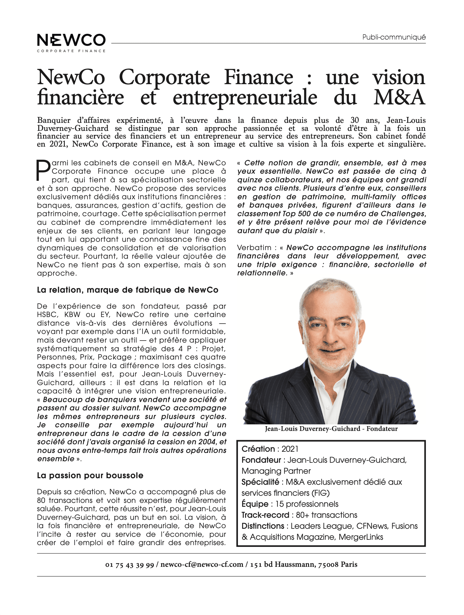 NewCo Corporate Finance dans le numéro 927 de Challenges